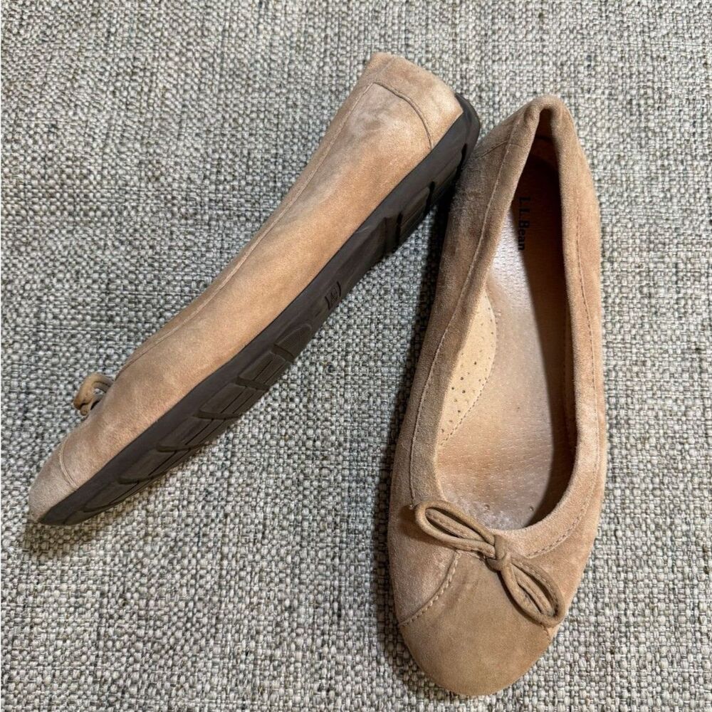 LL Bean Womens Tan Suede Ballet Flats Bow Round Toe Comfort Shoes Size 8M